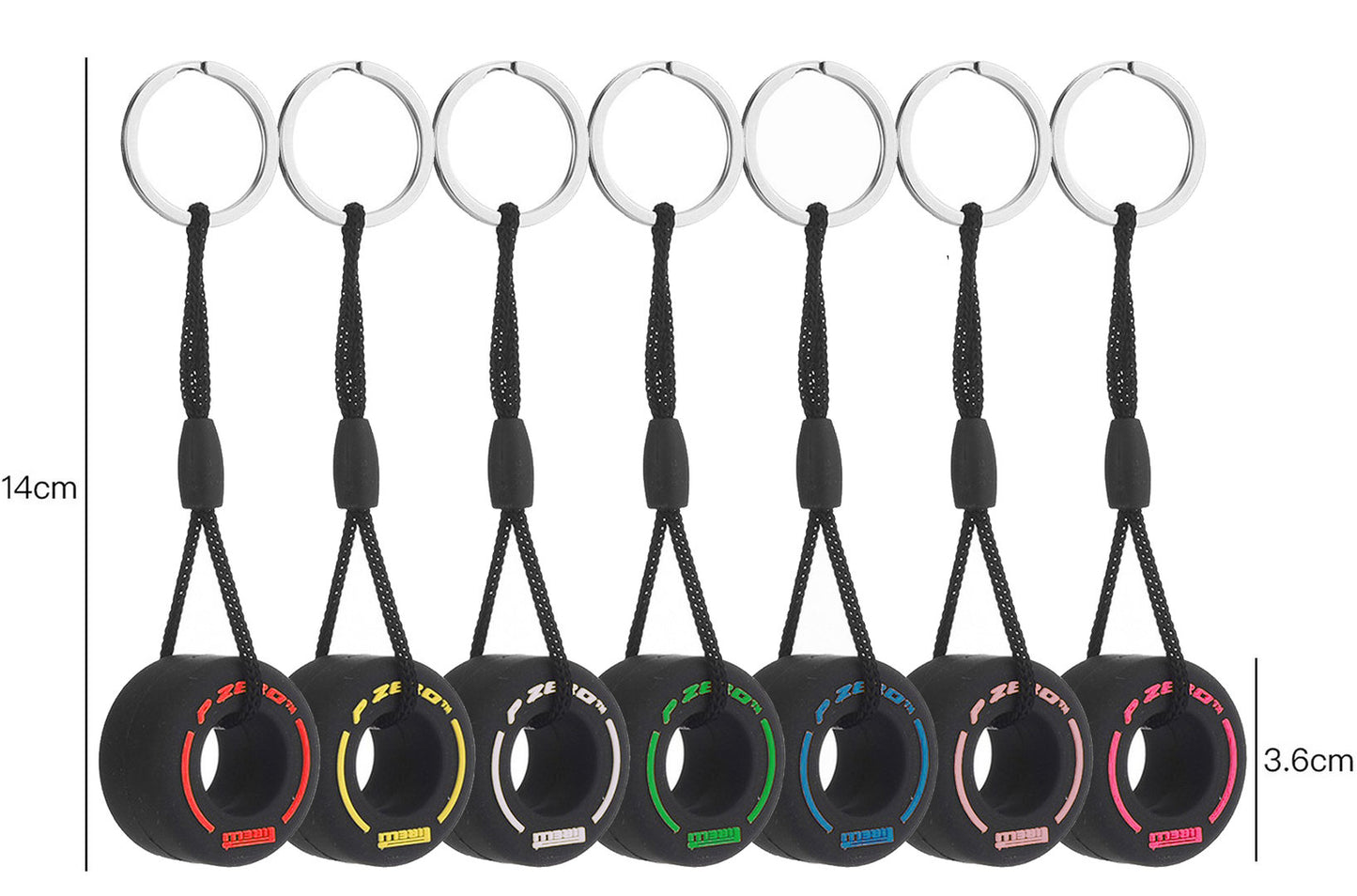 Formule 1 sleutelhanger set van 7 | Geel | Wit | Rood | Groen | Blauw | Roze | Paars | Pirelli | F1